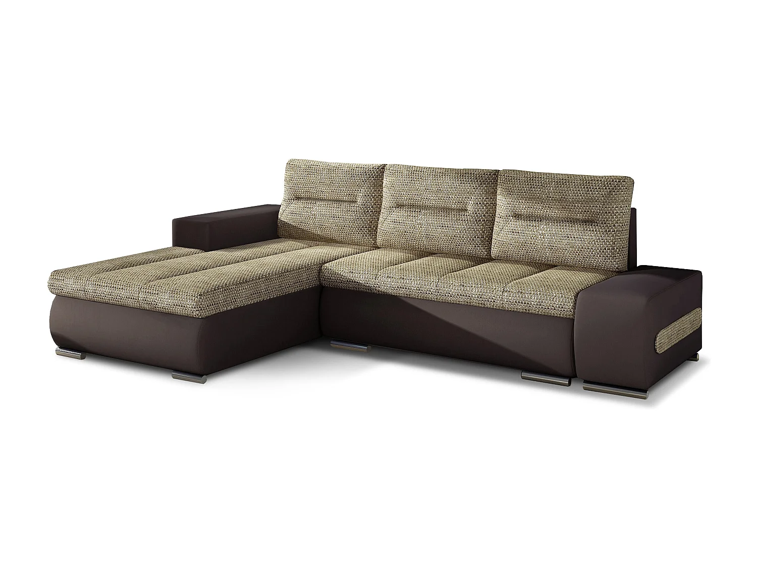 Canapé convertible angle gauche tissu beige chiné et simili marron Waker 275cm