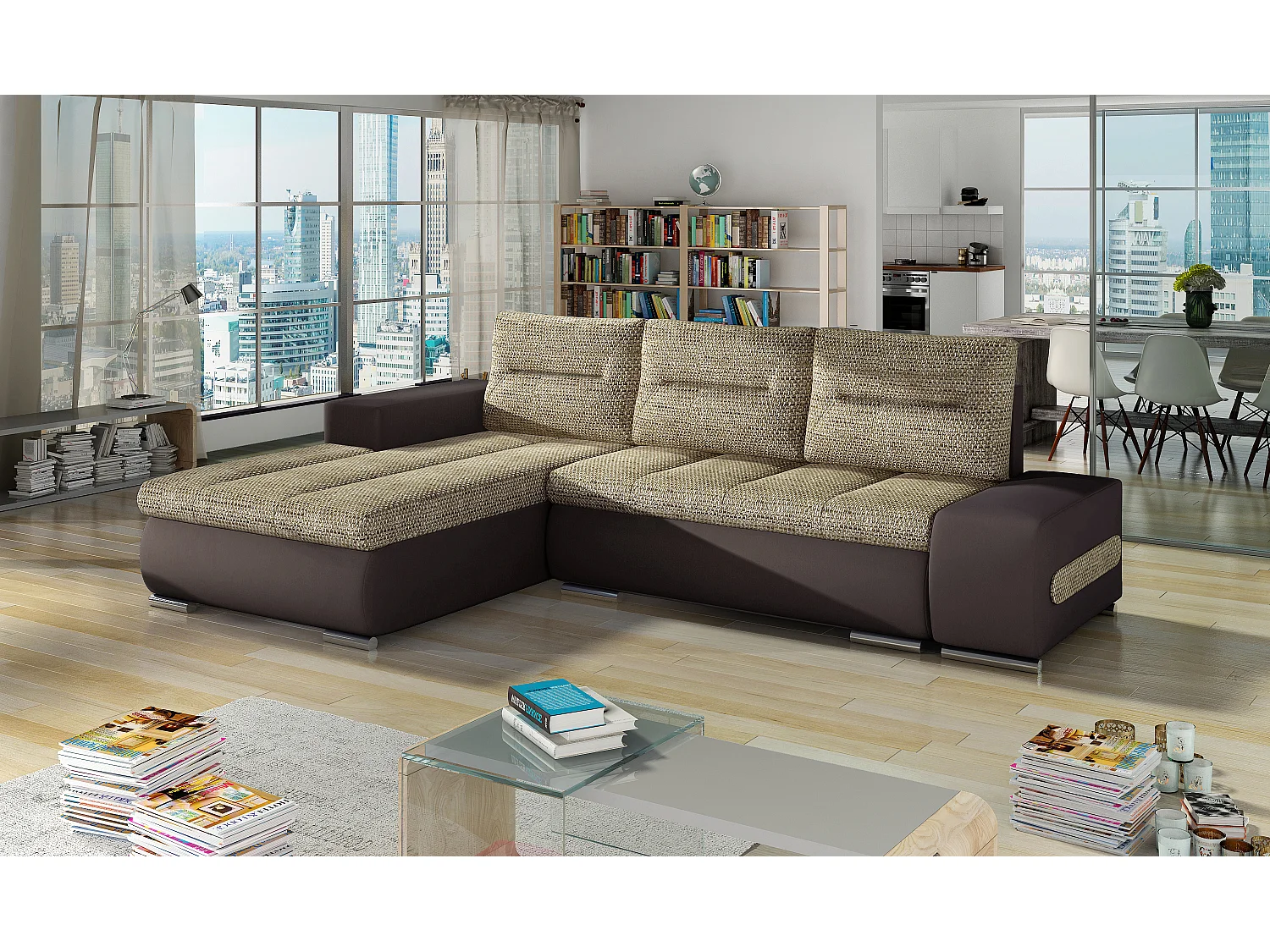 Canapé convertible angle gauche tissu beige chiné et simili marron Waker 275cm