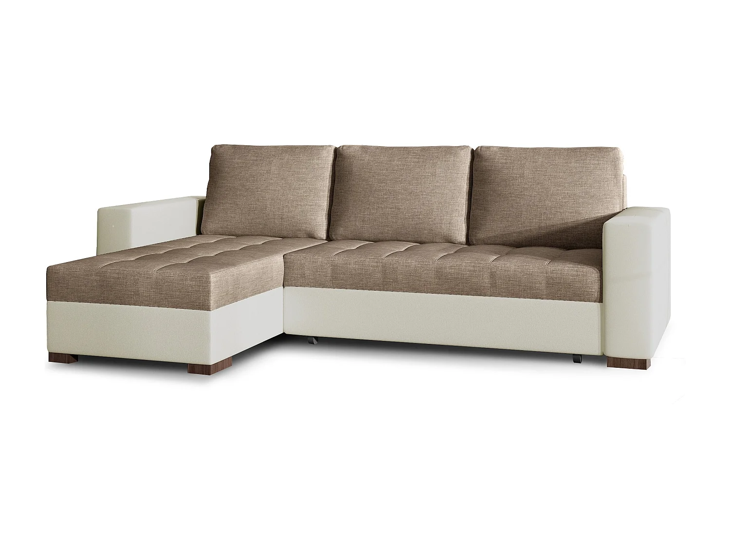Canapé d'angle convertible et réversible tissu marron clair et simili cuir beige Zelly 237cm
