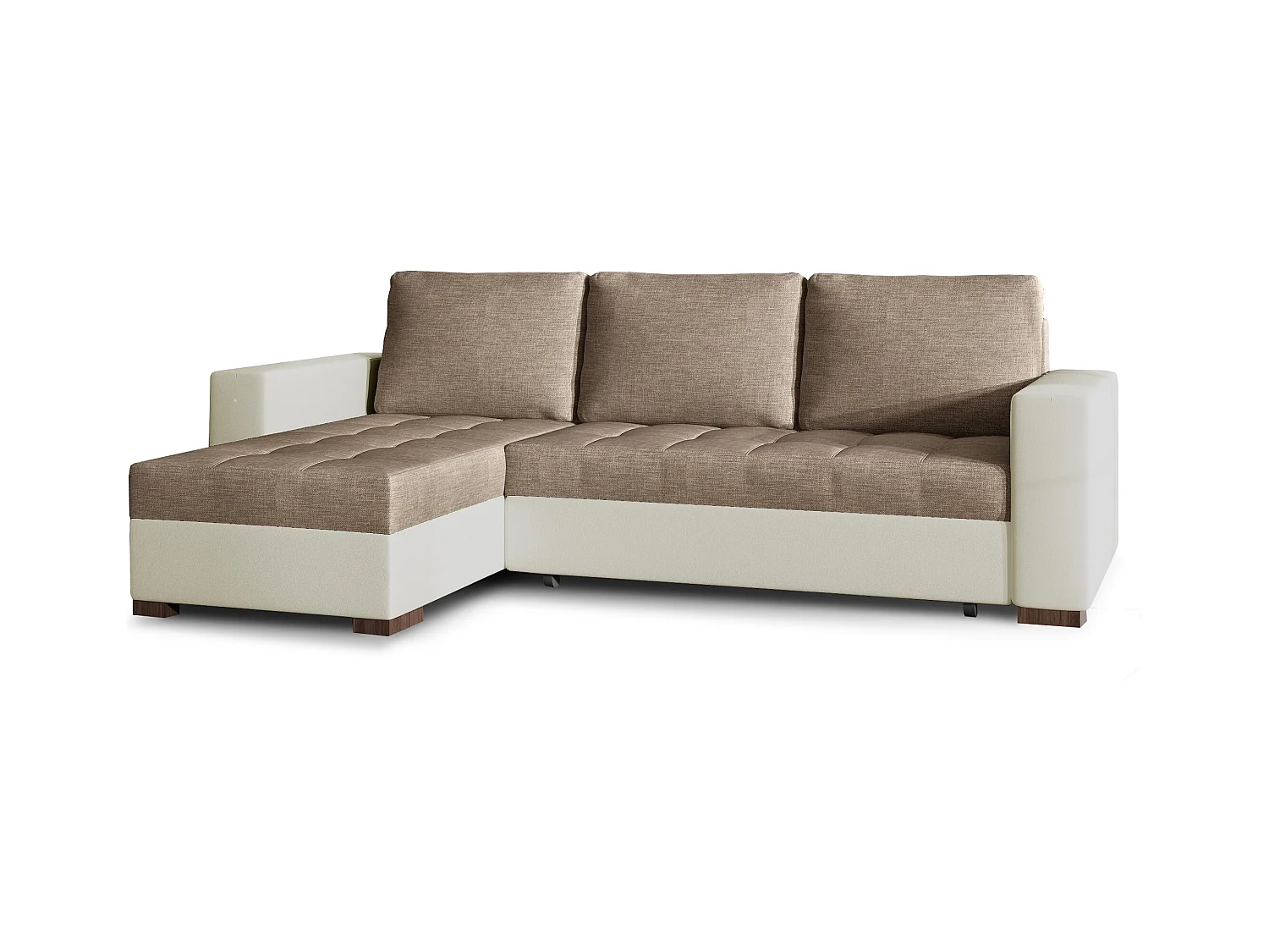 Canapé d'angle convertible et réversible tissu marron clair et simili cuir beige Zelly 237cm