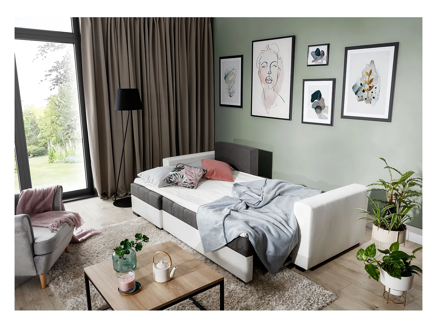 Converteerbare en omkeerbare hoekbank lichtbruine stof en beige kunstleer Zelly 237 cm