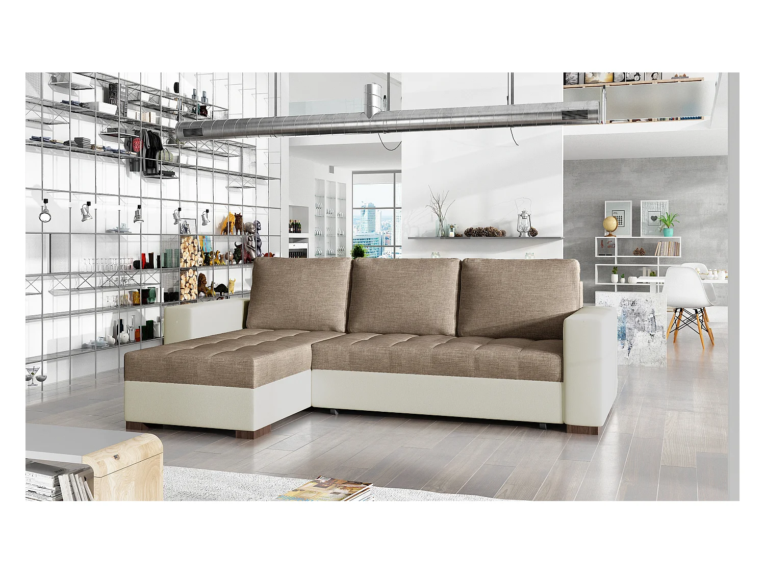 Converteerbare en omkeerbare hoekbank lichtbruine stof en beige kunstleer Zelly 237 cm