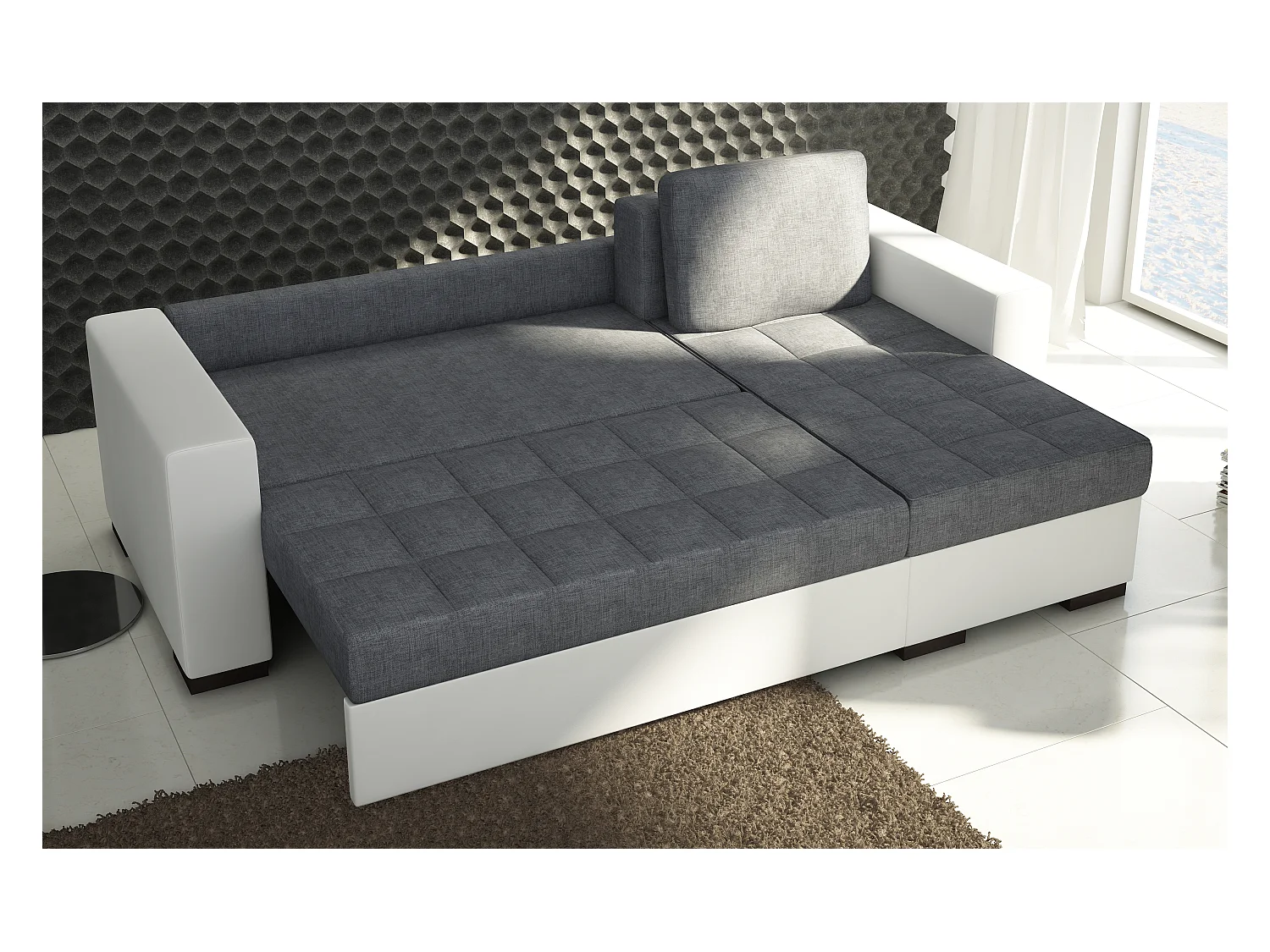 Converteerbare en omkeerbare hoekbank lichtbruine stof en beige kunstleer Zelly 237 cm