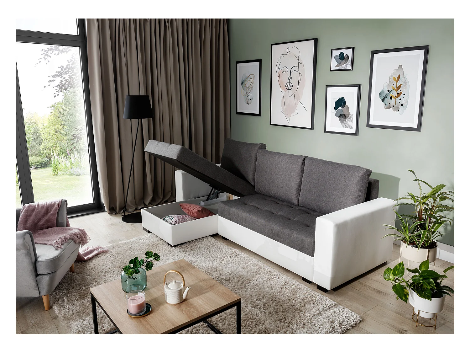 Converteerbare en omkeerbare hoekbank lichtbruine stof en beige kunstleer Zelly 237 cm