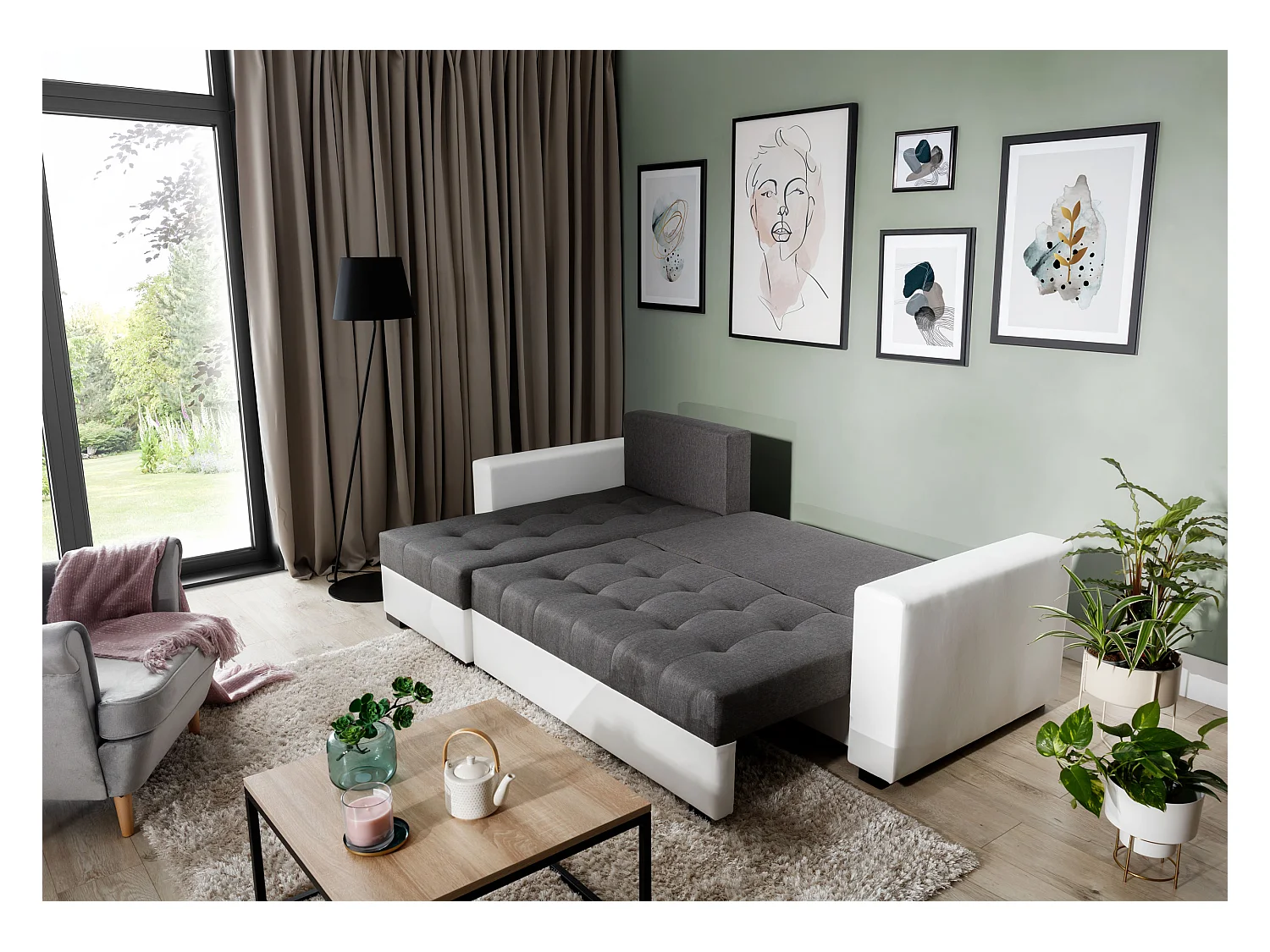 Converteerbare en omkeerbare hoekbank lichtbruine stof en beige kunstleer Zelly 237 cm