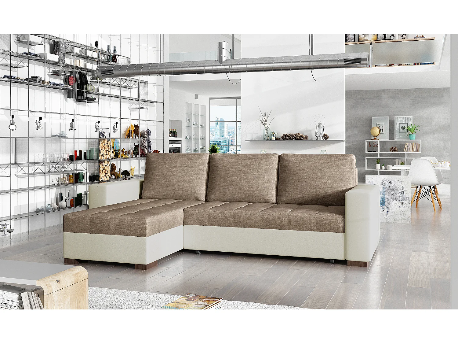 Converteerbare en omkeerbare hoekbank lichtbruine stof en beige kunstleer Zelly 237 cm