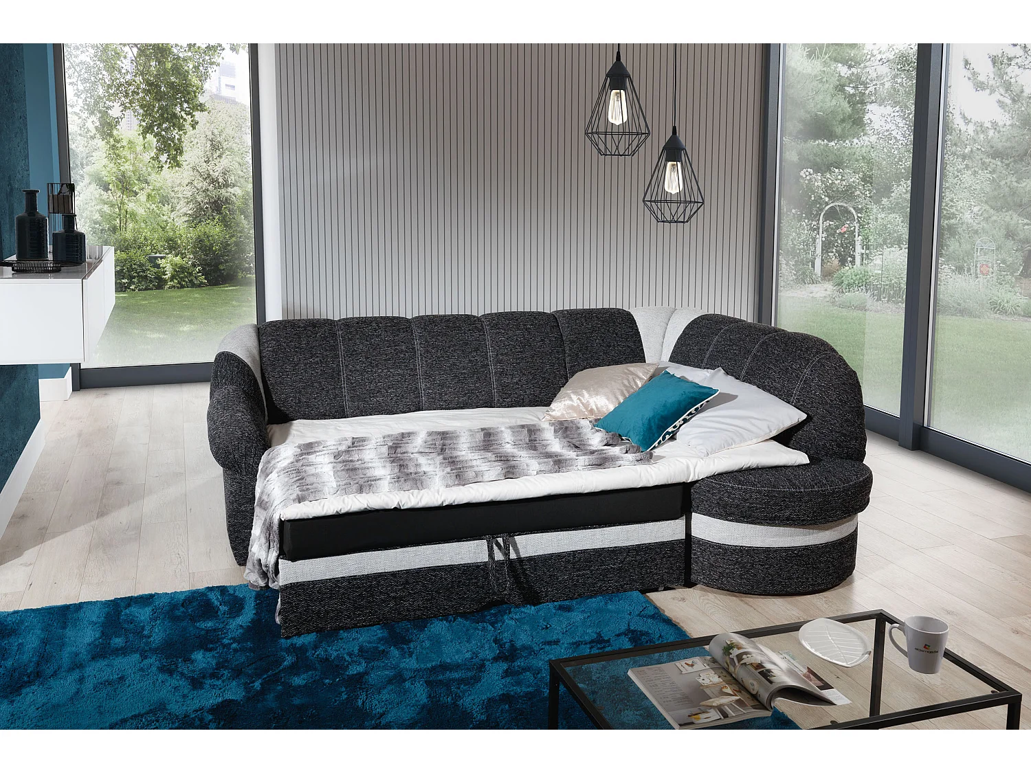 Canapé d'angle droit convertible tissu gris foncé et simili noir Sundy 250cm