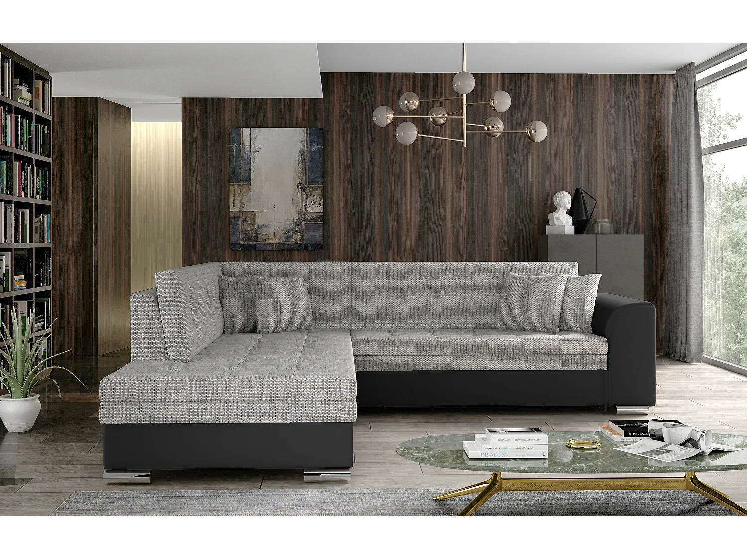 Canapé convertible gauche droit tissu gris chiné et simili noir Pika 260cm