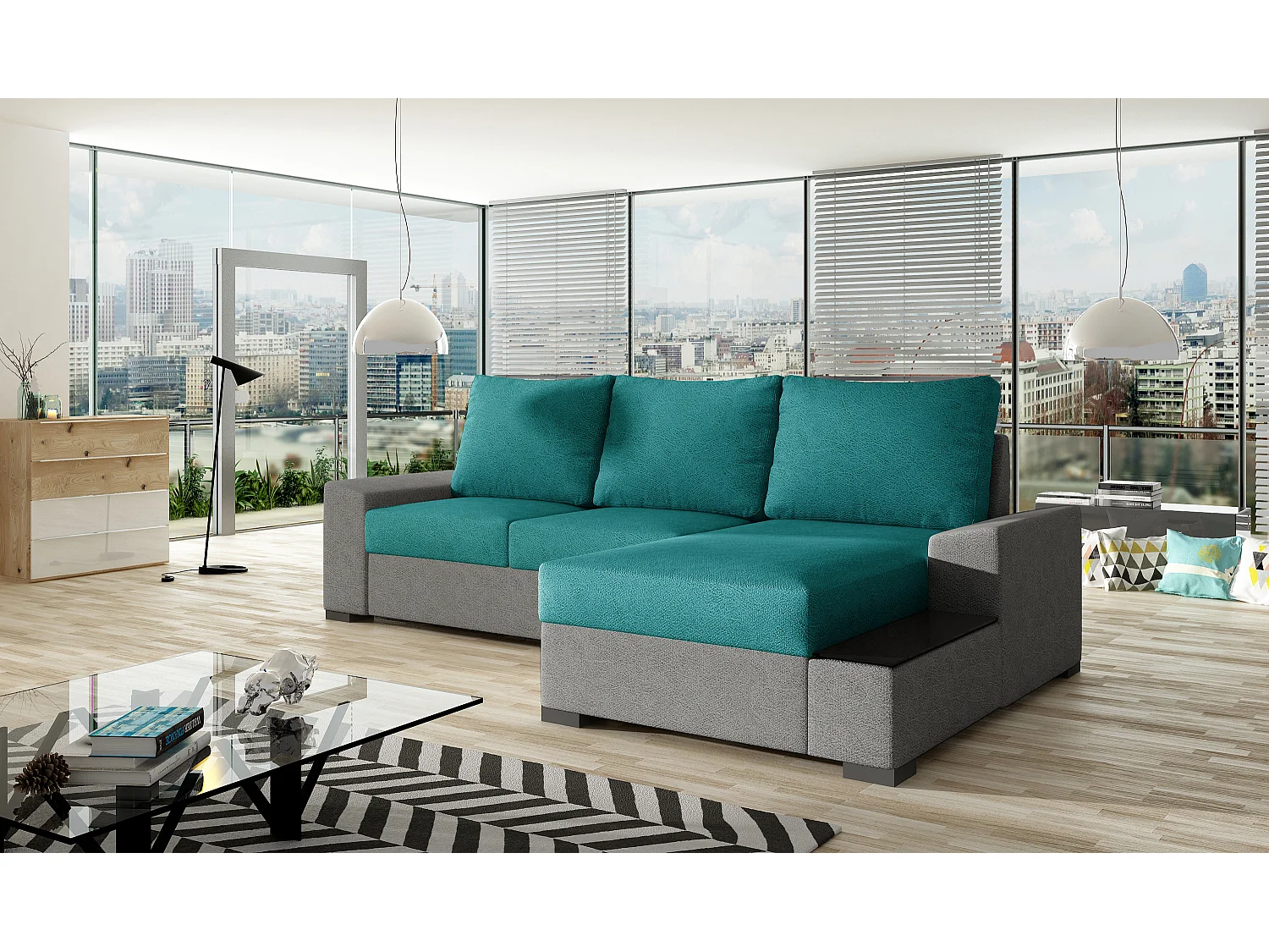 Canapé angle droit convertible tissu doux gris clair et vert James 245cm