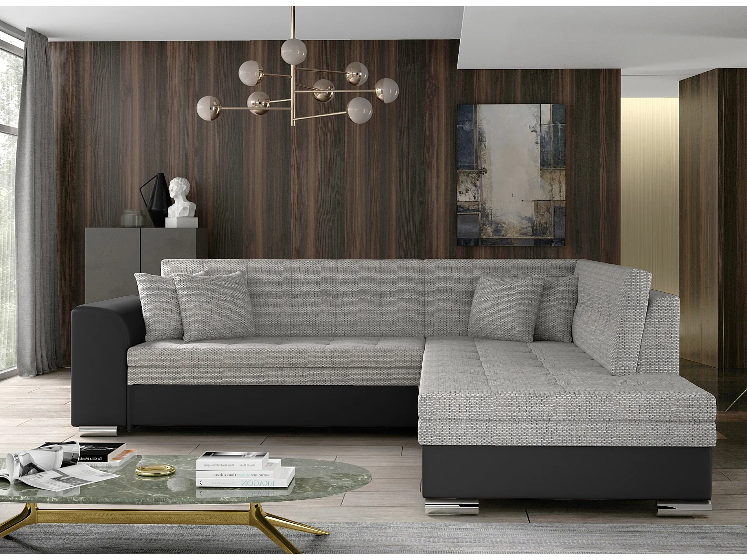 Canapé convertible angle droit tissu gris chiné et simili noir Pika 260cm