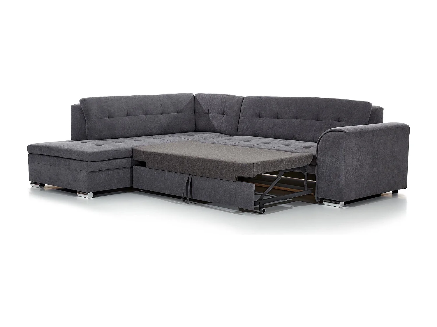 Canapé convertible angle droit tissu gris chiné et simili noir Pika 260cm