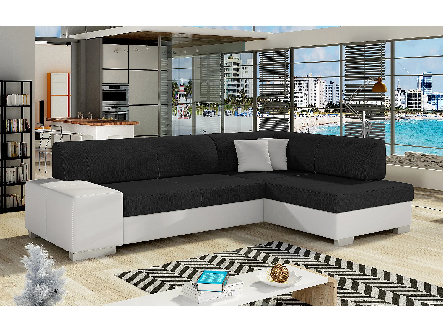 Canapé convertible angle droit tissu noir et simili cuir blanc Polky 272cm