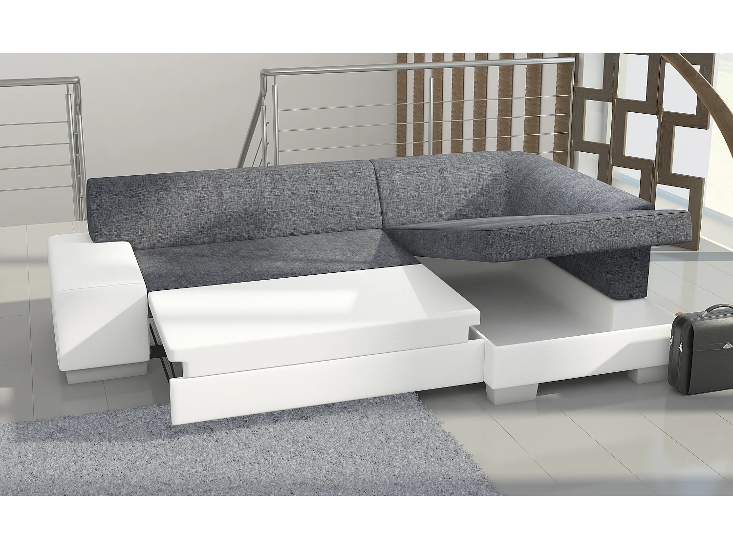 Canapé convertible angle droit tissu noir et simili cuir blanc Polky 272cm