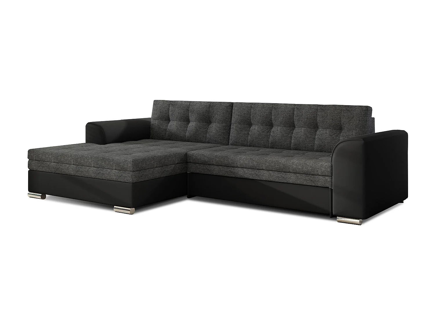 Canapé angle gauche convertible simili noir et tissu gris foncé chinKapitona 270cm
