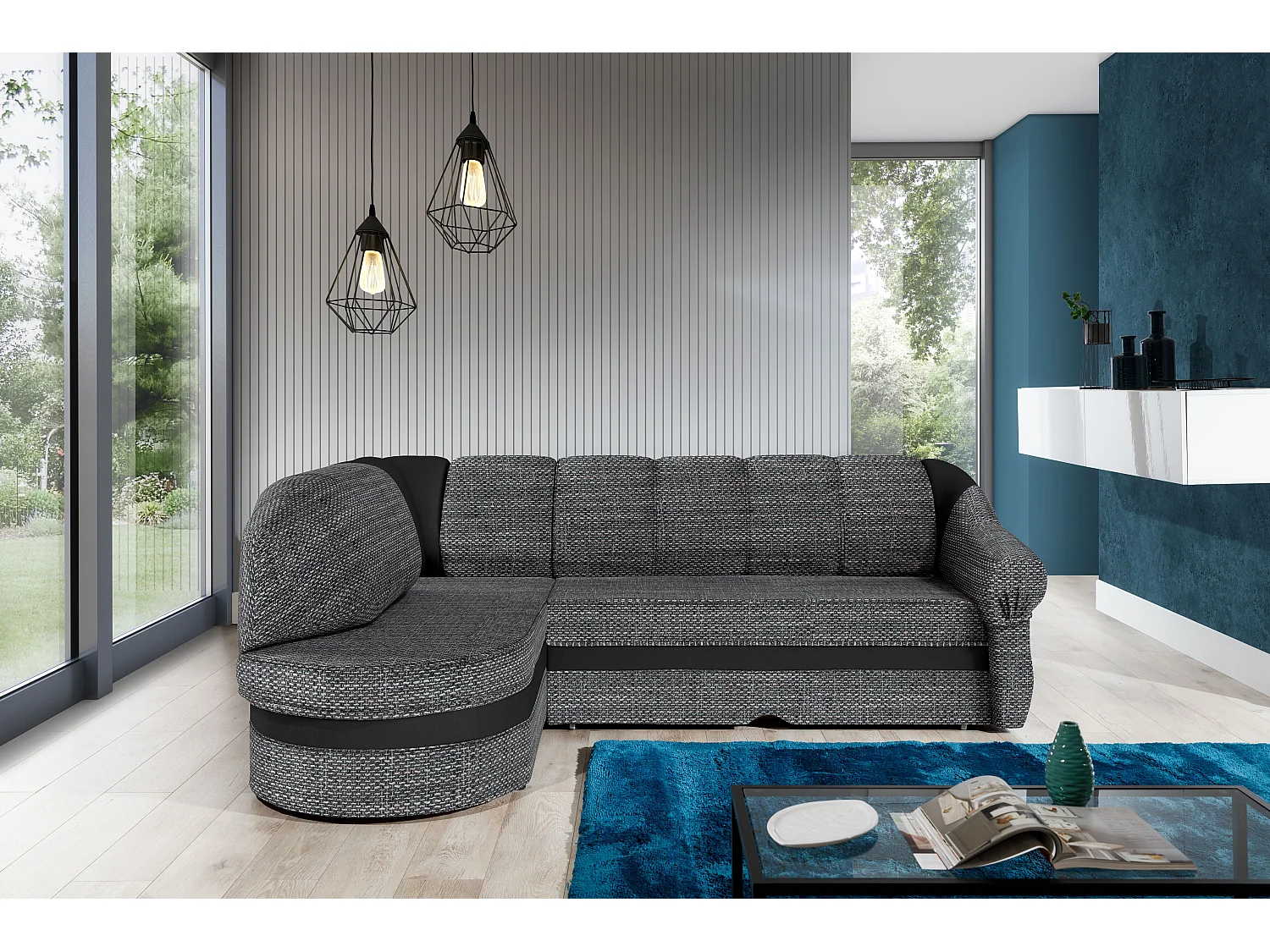 Canapé d'angle gauche convertible tissu gris foncé chiné et simili gris clair Sundy 250cm