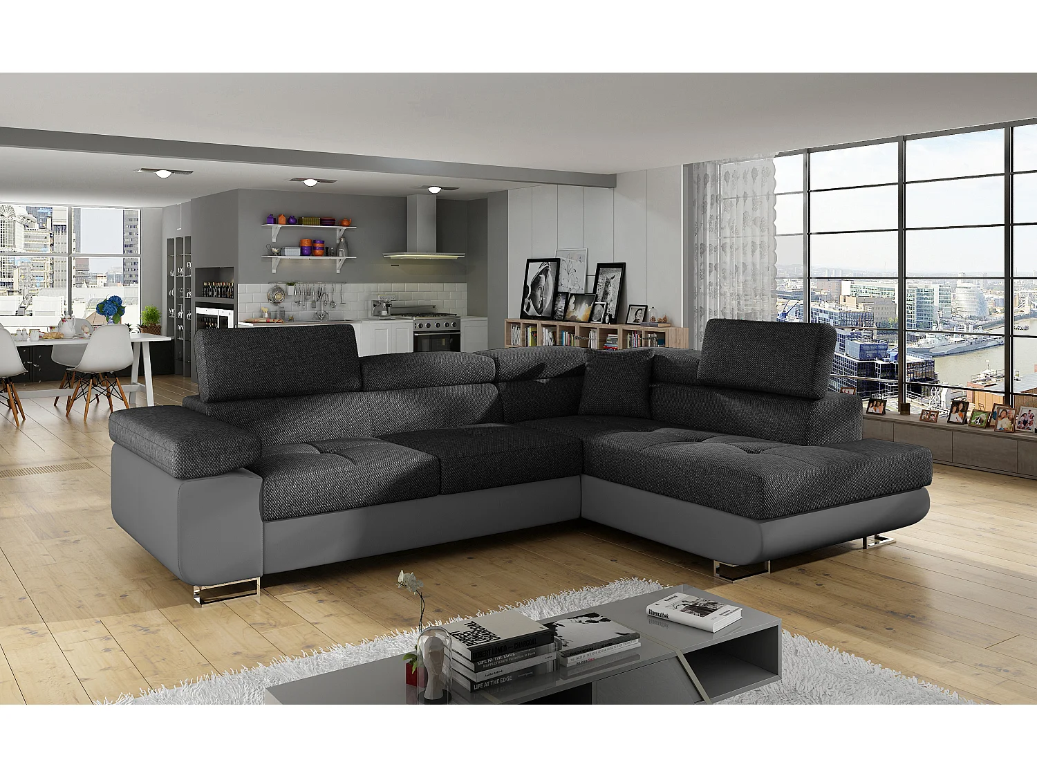 Canapé d'angle droit convertible tissu gris foncé chiné et simili cuir gris Marka 275cm