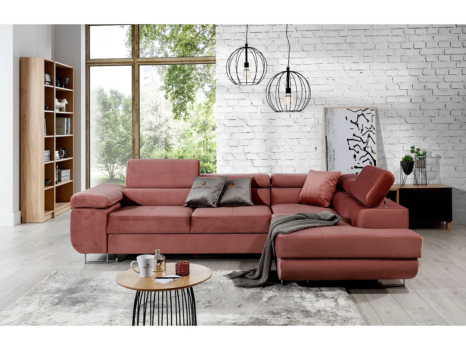 Canapé d'angle droit convertible tissu gris foncé chiné et simili cuir gris Marka 275cm