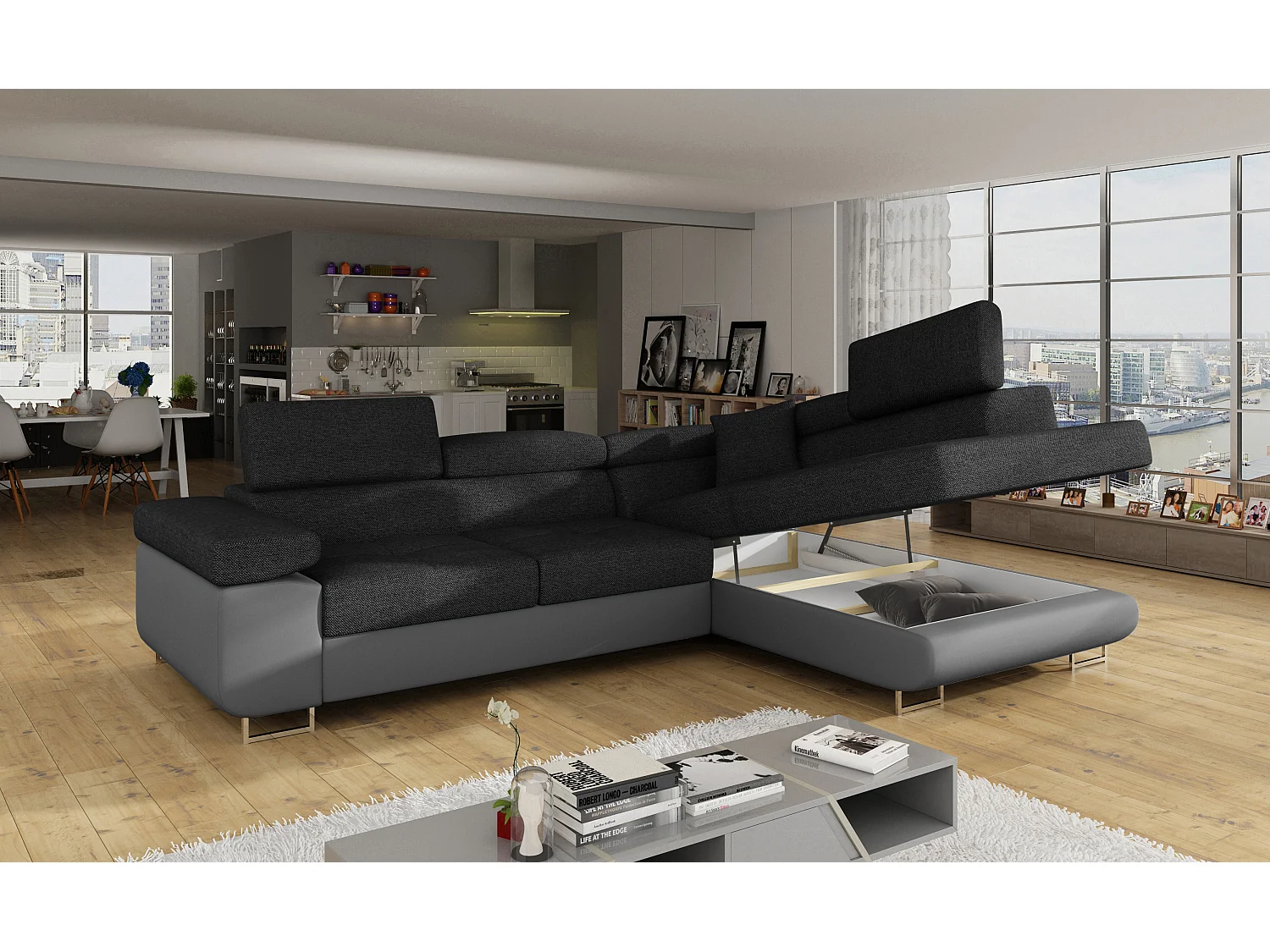 Sofá esquinero convertible en símil piel y tela reposacabezas elevables - Colección Marka-Gris/Gris oscuro-Ángulos rectos