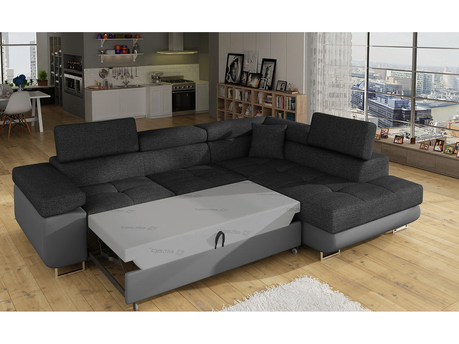 Sofá esquinero convertible en símil piel y tela reposacabezas elevables - Colección Marka-Gris/Gris oscuro-Ángulos rectos