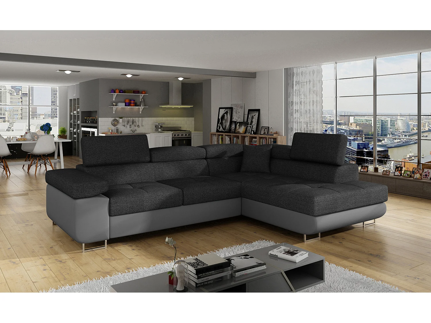 Sofá esquinero convertible en símil piel y tela reposacabezas elevables - Colección Marka-Gris/Gris oscuro-Ángulos rectos