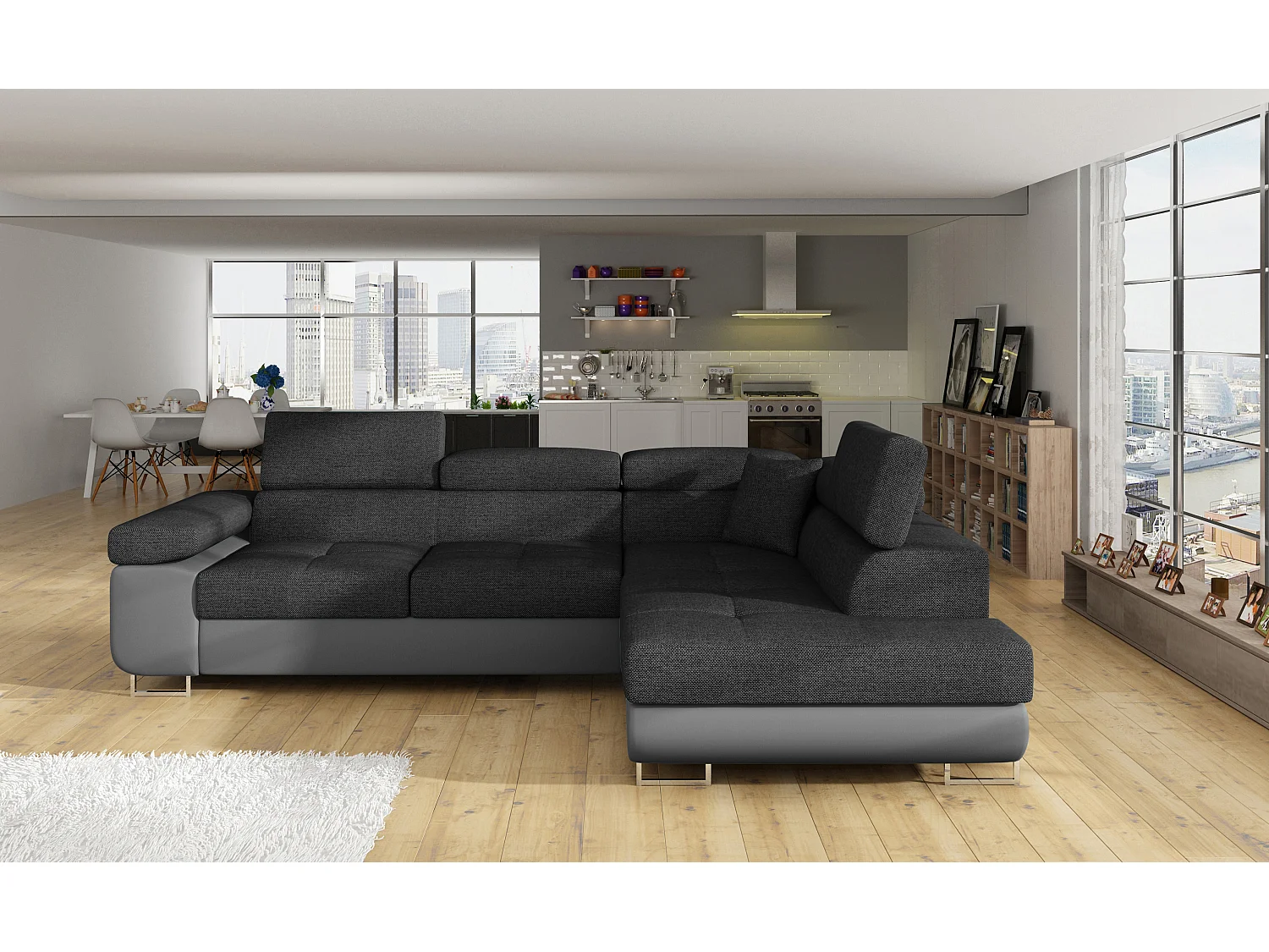 Sofá esquinero convertible en símil piel y tela reposacabezas elevables - Colección Marka-Gris/Gris oscuro-Ángulos rectos