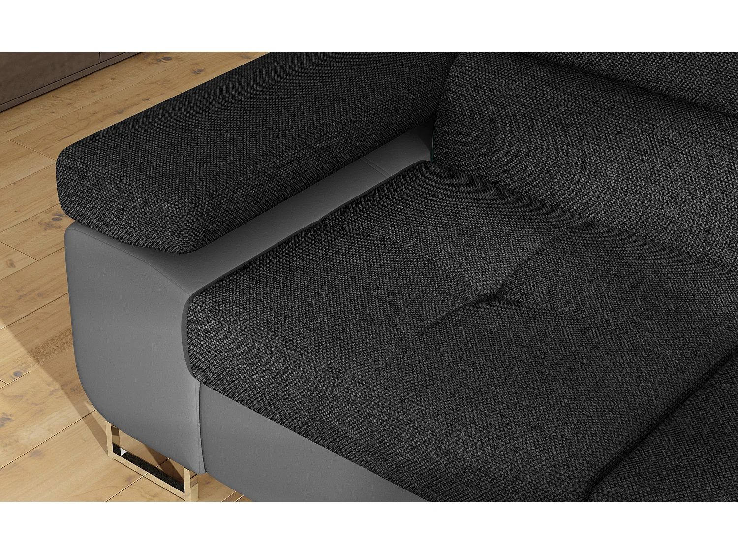 Sofá esquinero convertible en símil piel y tela reposacabezas elevables - Colección Marka-Gris/Gris oscuro-Ángulos rectos