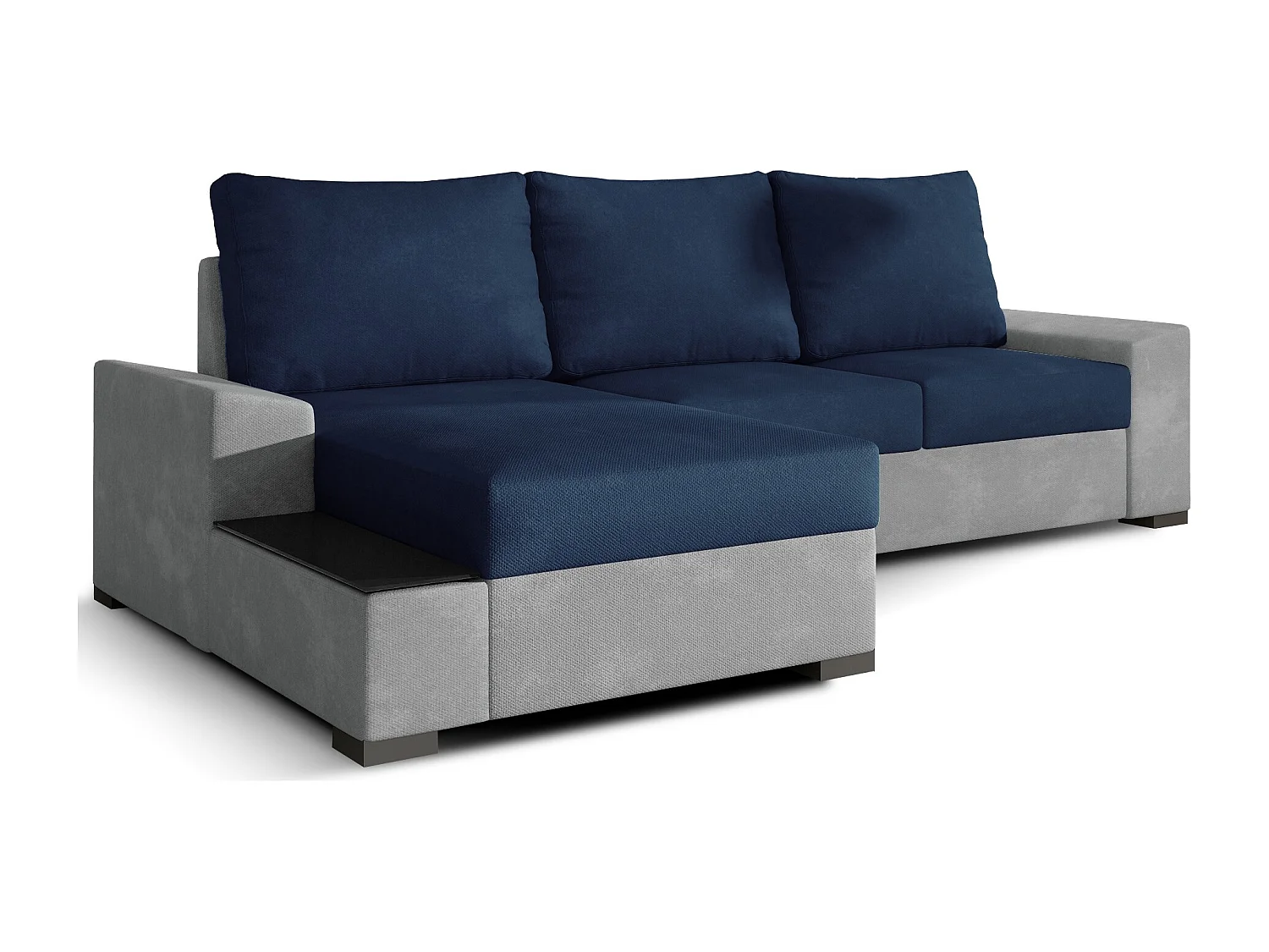 Canapé angle gauche convertible tissu doux gris clair et bleu foncé James 245cm