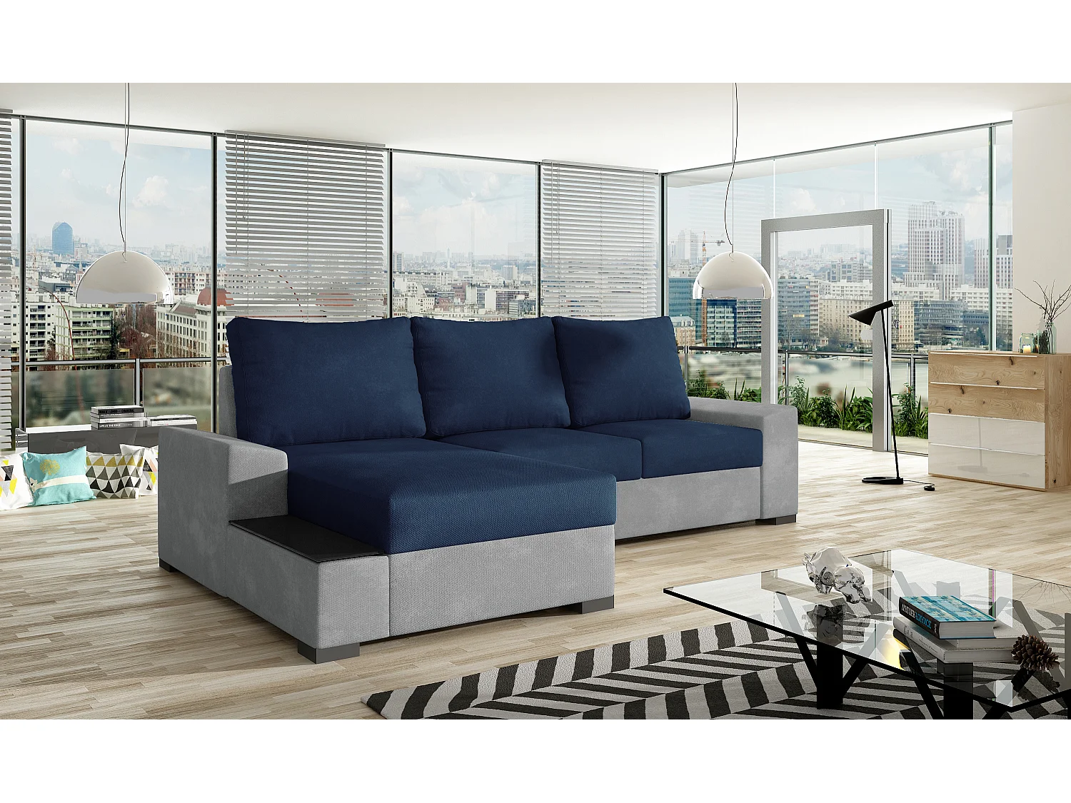 Canapé angle gauche convertible tissu doux gris clair et bleu foncé James 245cm