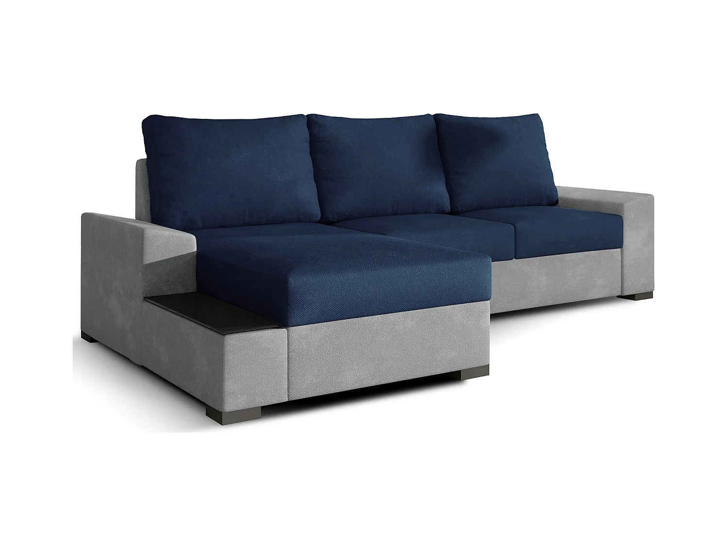 Canapé angle gauche convertible tissu doux gris clair et bleu foncé James 245cm