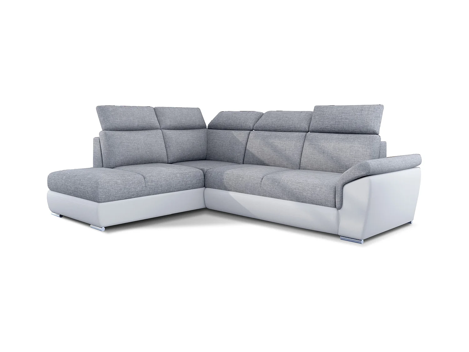 Canapé angle gauche convertible tissu gris clair et simili blanc avec appuis-tête réglables Kepita 260cm