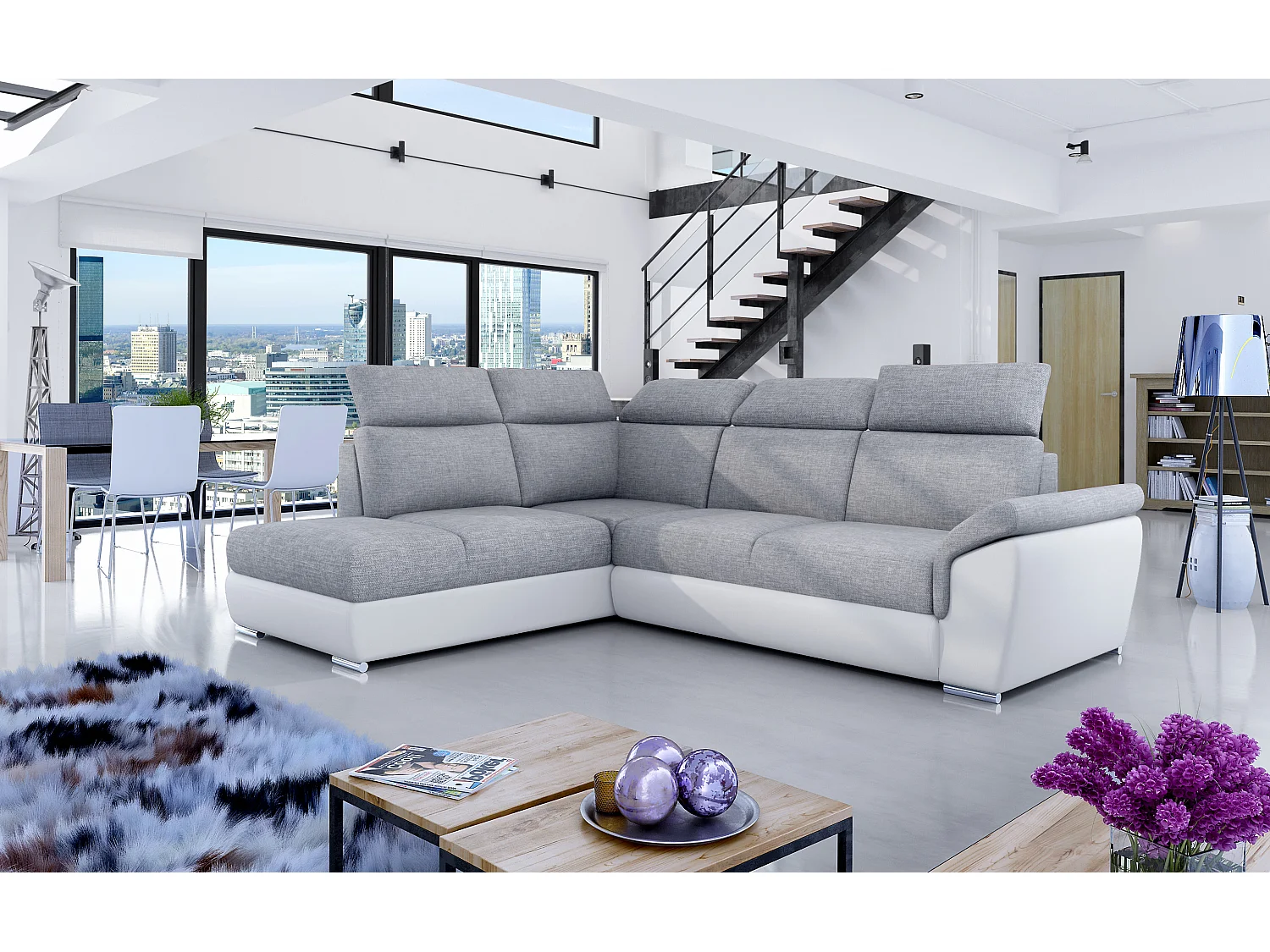 Canapé angle gauche convertible tissu gris clair et simili blanc avec appuis-tête réglables Kepita 260cm