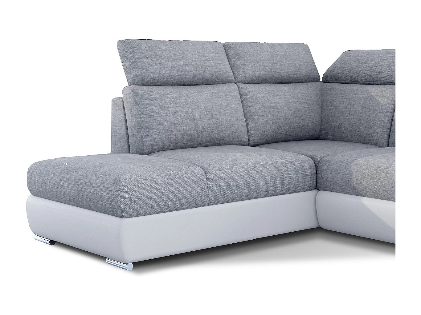 Canapé angle gauche convertible tissu gris clair et simili blanc avec appuis-tête réglables Kepita 260cm