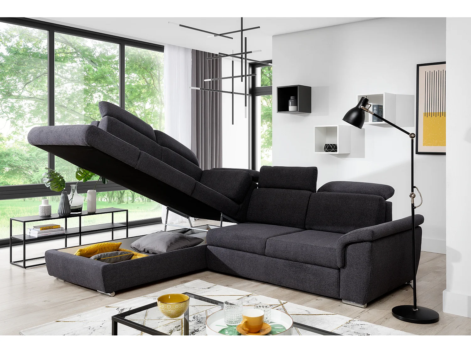 Canapé angle gauche convertible tissu gris clair et simili blanc avec appuis-tête réglables Kepita 260cm