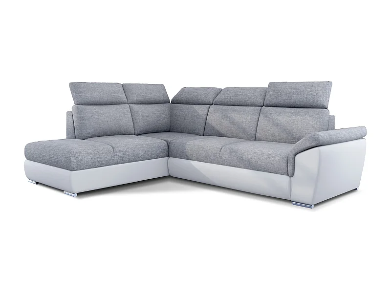Canapé angle gauche convertible tissu gris clair et simili blanc avec appuis-tête réglables Kepita 260cm