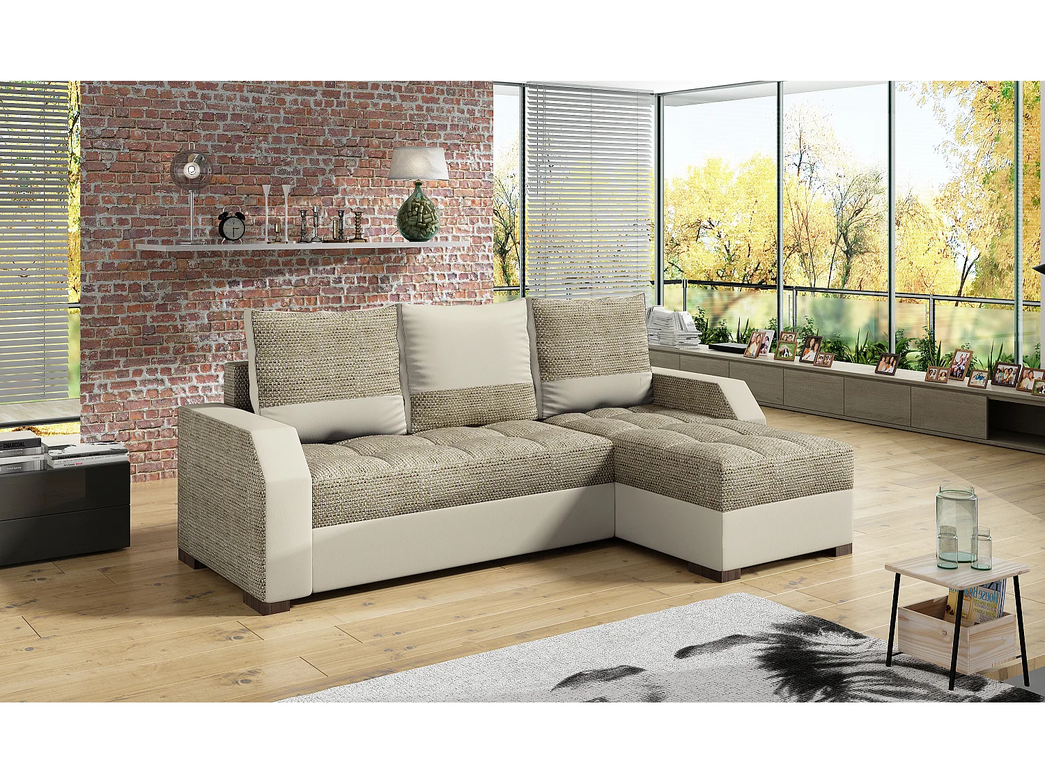 Canapé convertible angle réversible design tissu beige clair chiné et simili cuir beige Zarky 250cm