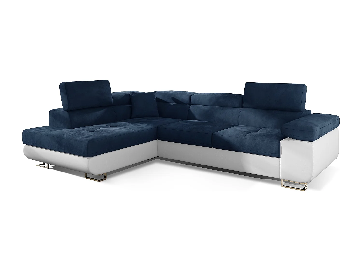Canapé d'angle gauche convertible velours bleu marine et simili blanc Marka 275cm