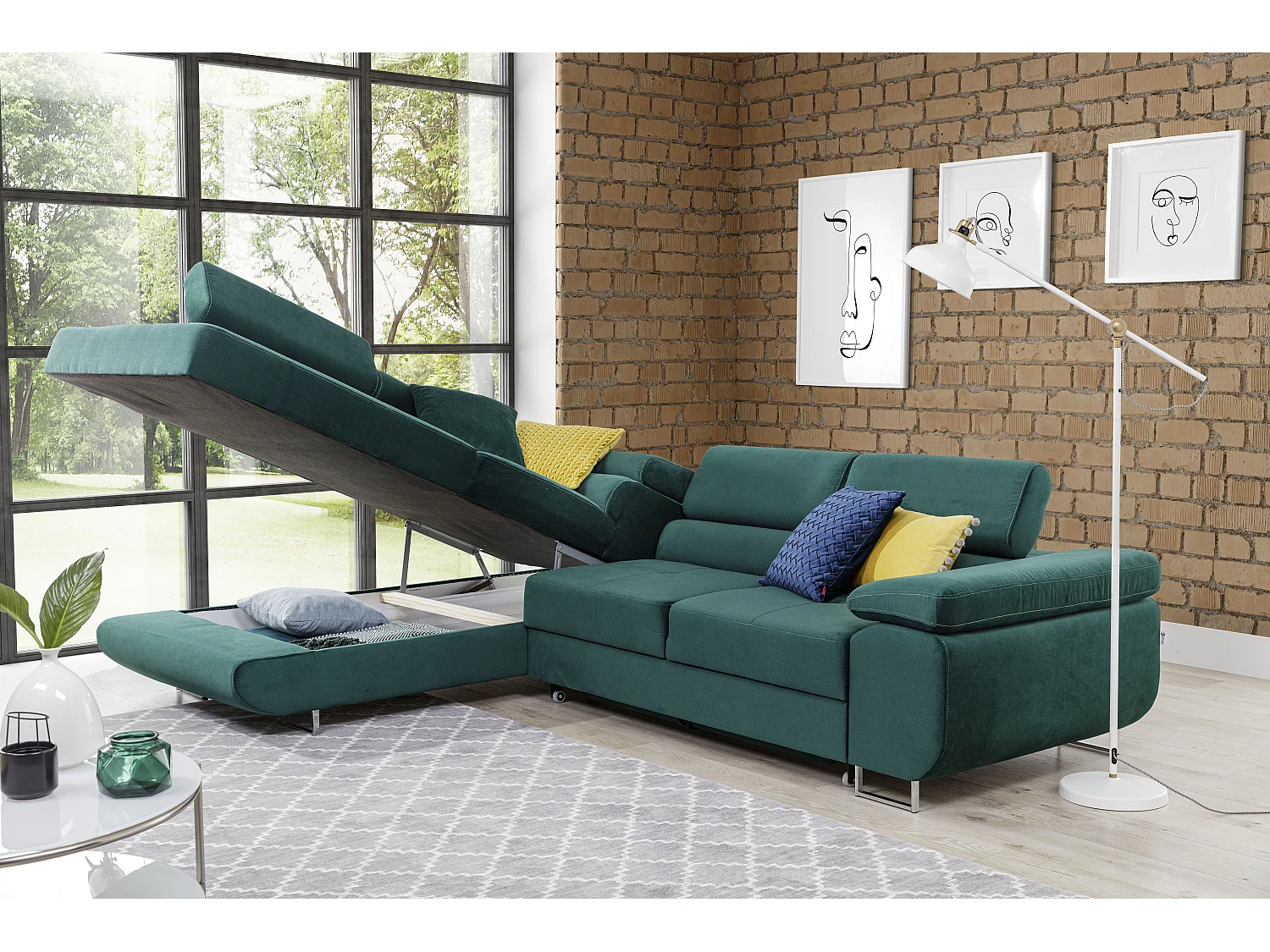 Canapé d'angle gauche convertible velours bleu marine et simili blanc Marka 275cm