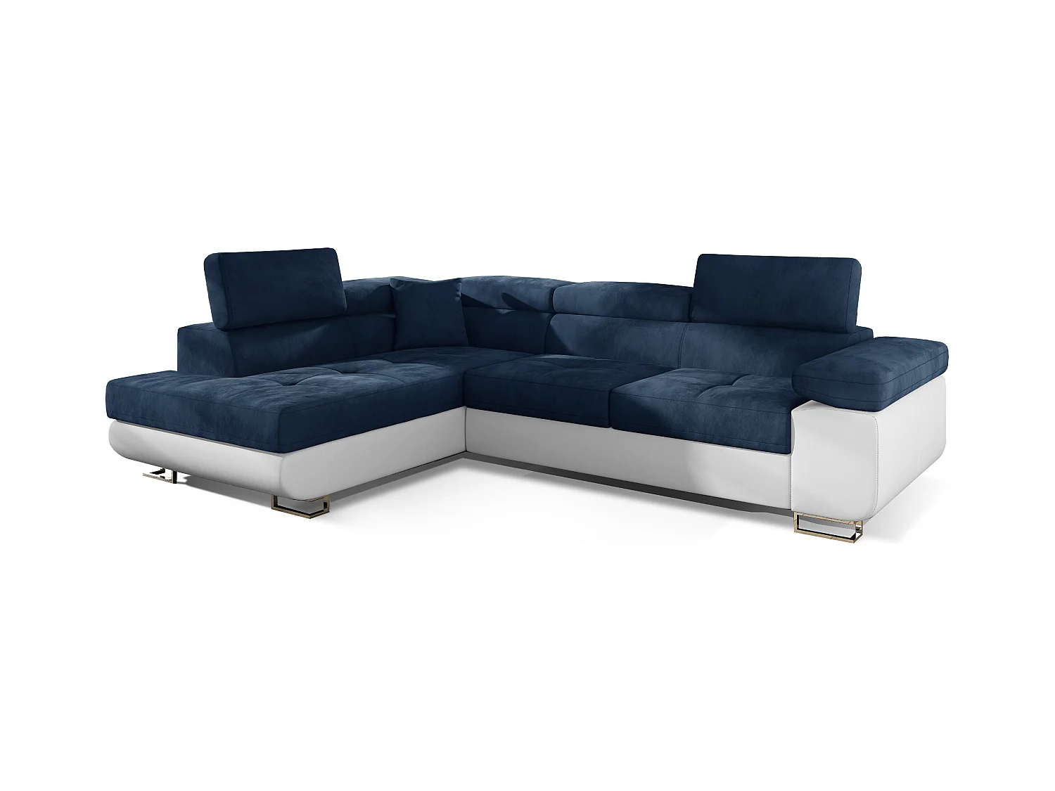 Canapé d'angle gauche convertible velours bleu marine et simili blanc Marka 275cm
