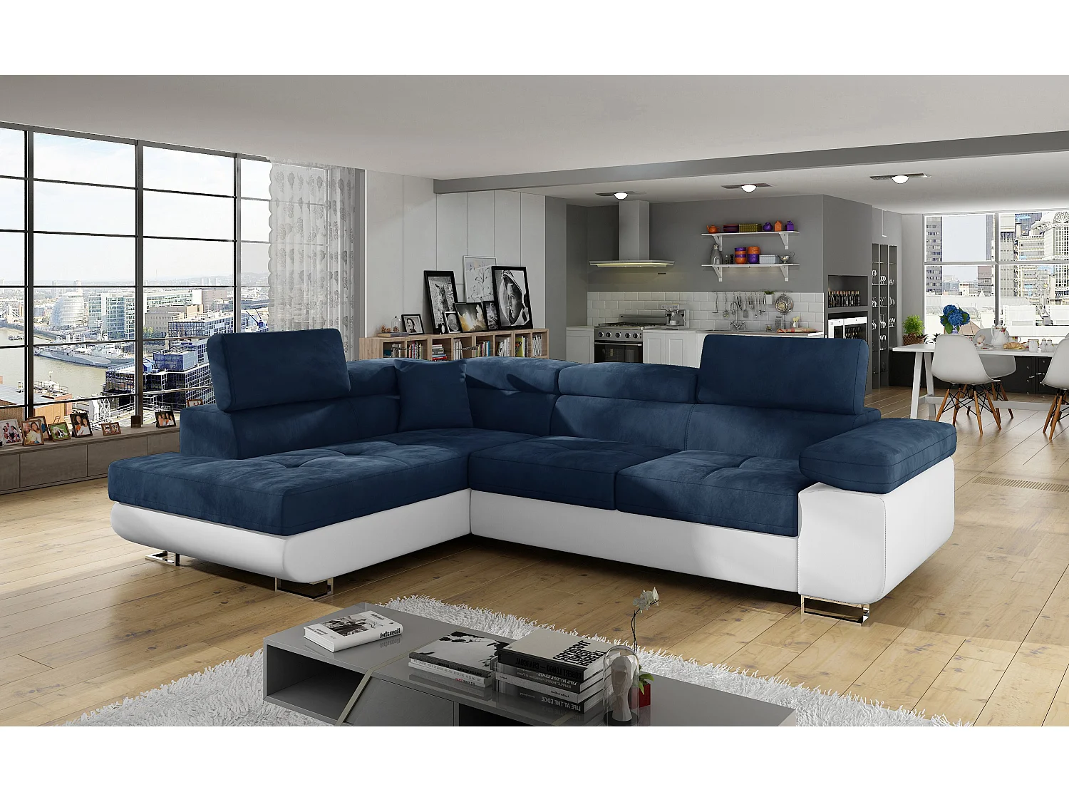 Canapé d'angle gauche convertible velours bleu marine et simili blanc Marka 275cm