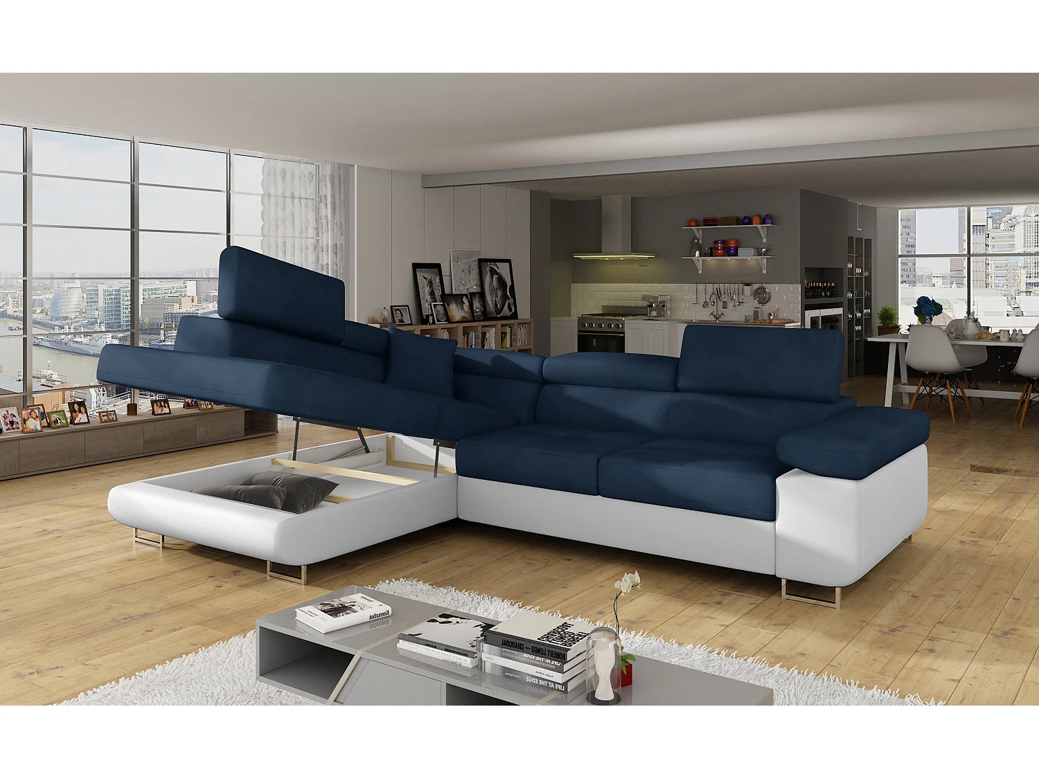 Canapé d'angle convertible simili cuir et tissu MARKA - Coffre et appuis-tête réglables-Blanc/Bleu foncé-angle gauche