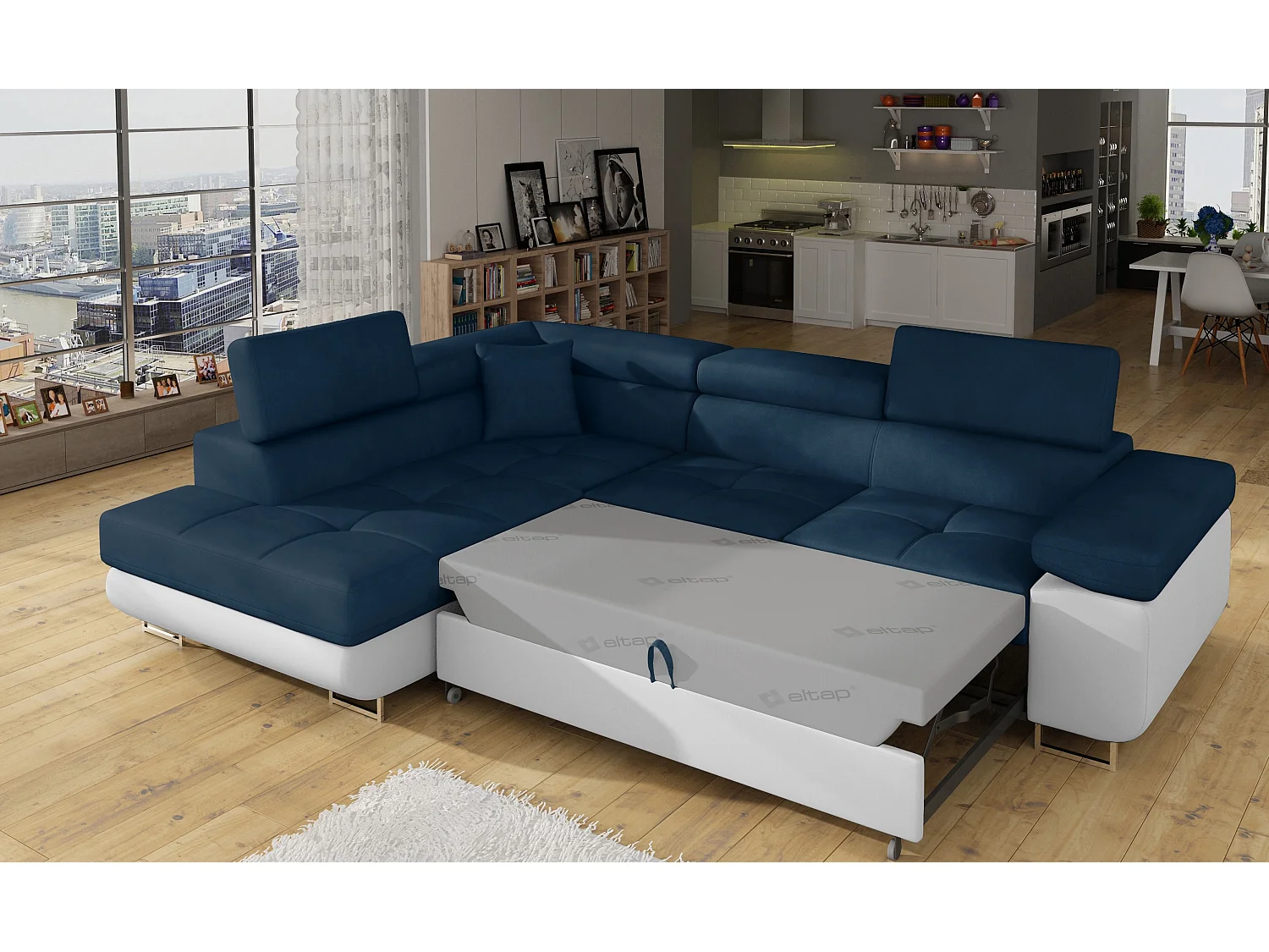 Canapé d'angle convertible simili cuir et tissu MARKA - Coffre et appuis-tête réglables-Blanc/Bleu foncé-angle gauche