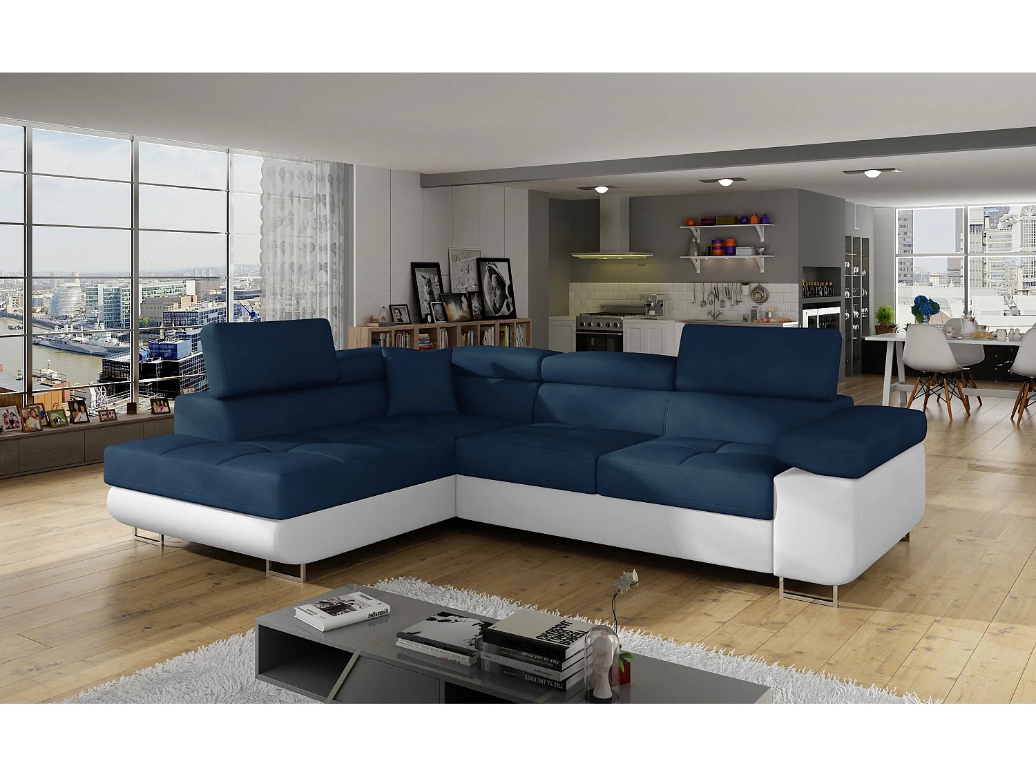 Canapé d'angle convertible simili cuir et tissu MARKA - Coffre et appuis-tête réglables-Blanc/Bleu foncé-angle gauche