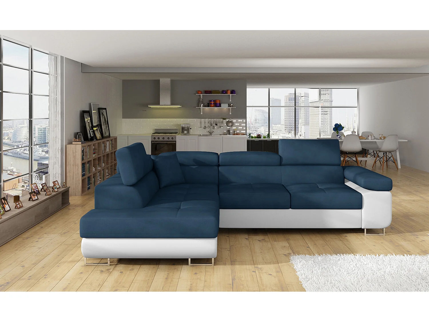 Canapé d'angle convertible simili cuir et tissu MARKA - Coffre et appuis-tête réglables-Blanc/Bleu foncé-angle gauche