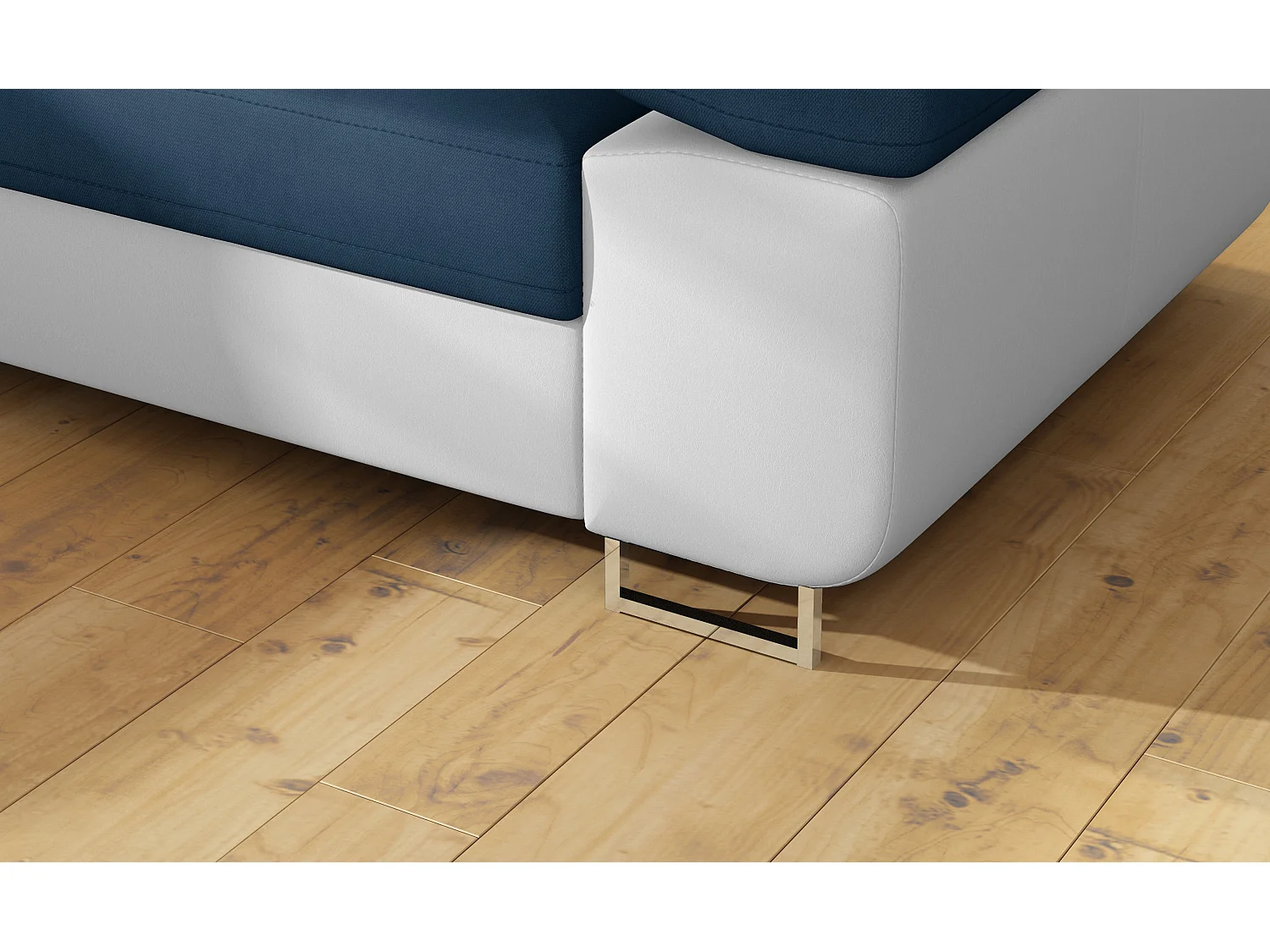 Canapé d'angle convertible simili cuir et tissu MARKA - Coffre et appuis-tête réglables-Blanc/Bleu foncé-angle gauche