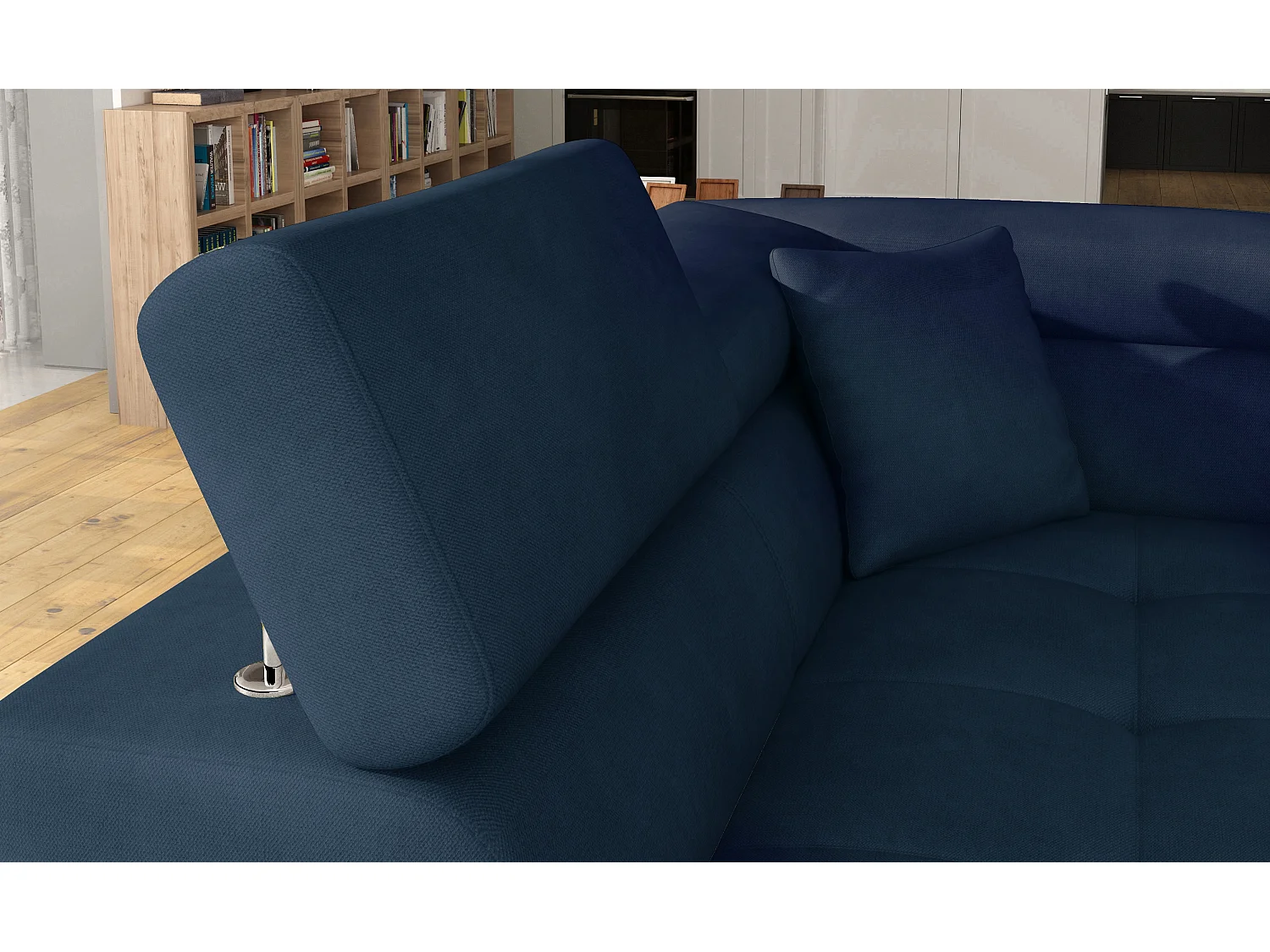 Canapé d'angle convertible simili cuir et tissu MARKA - Coffre et appuis-tête réglables-Blanc/Bleu foncé-angle gauche