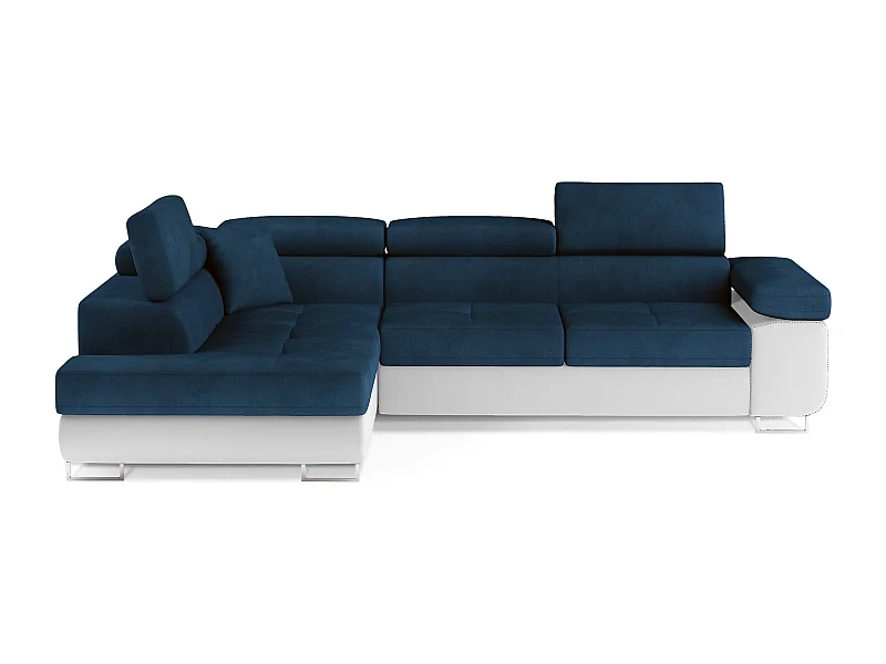 Canapé d'angle convertible simili cuir et tissu MARKA - Coffre et appuis-tête réglables-Blanc/Bleu foncé-angle gauche