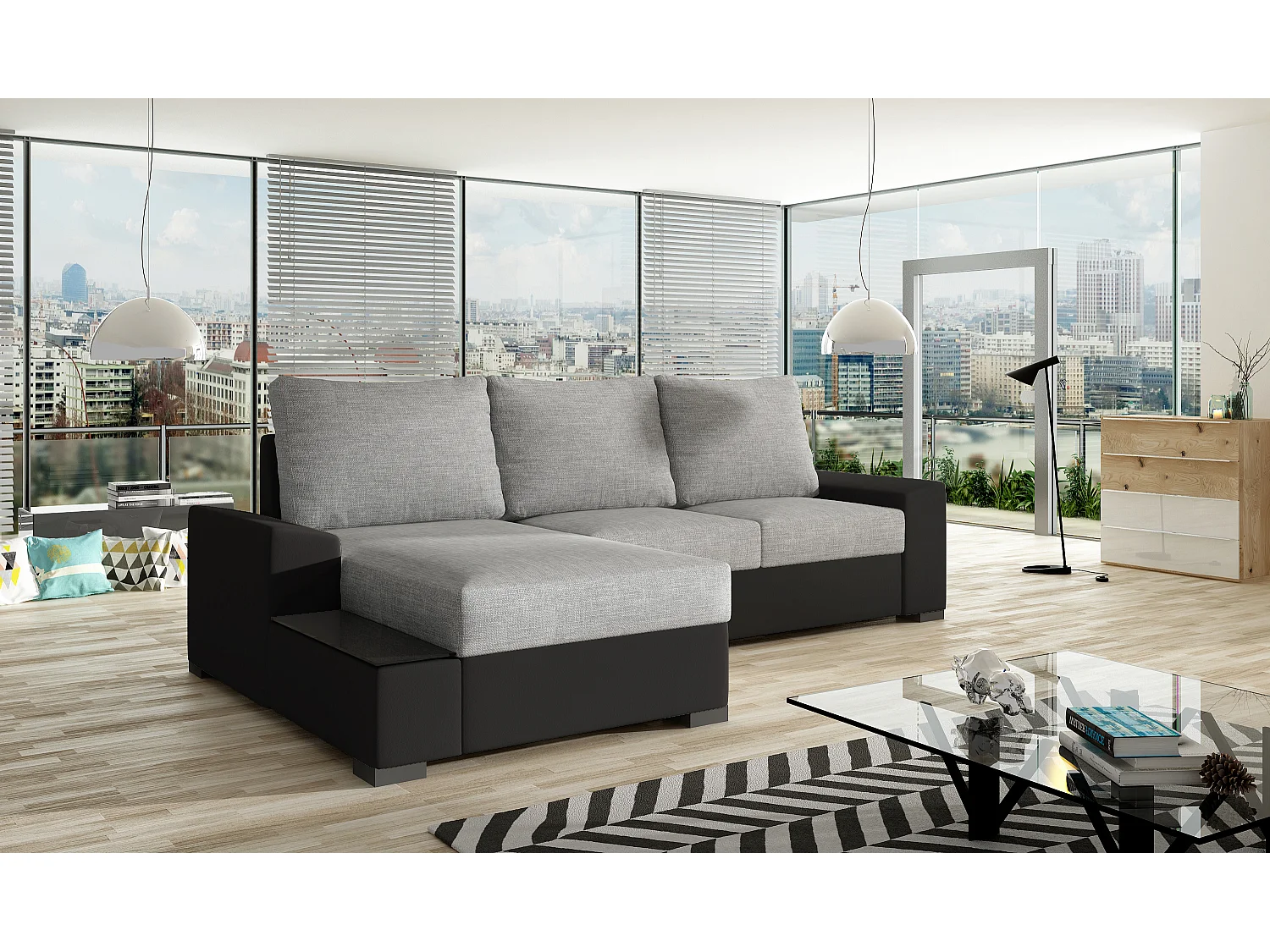 Canapé angle gauche convertible tissu gris clair et simili noir James 245cm