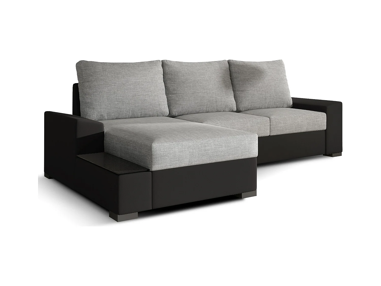 Canapé angle gauche convertible tissu gris clair et simili noir James 245cm