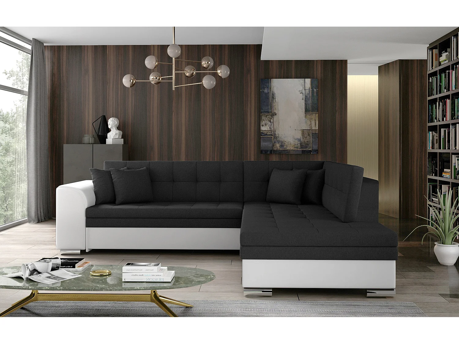 Canapé convertible angle droit tissu noir et simili blanc Pika 260cm