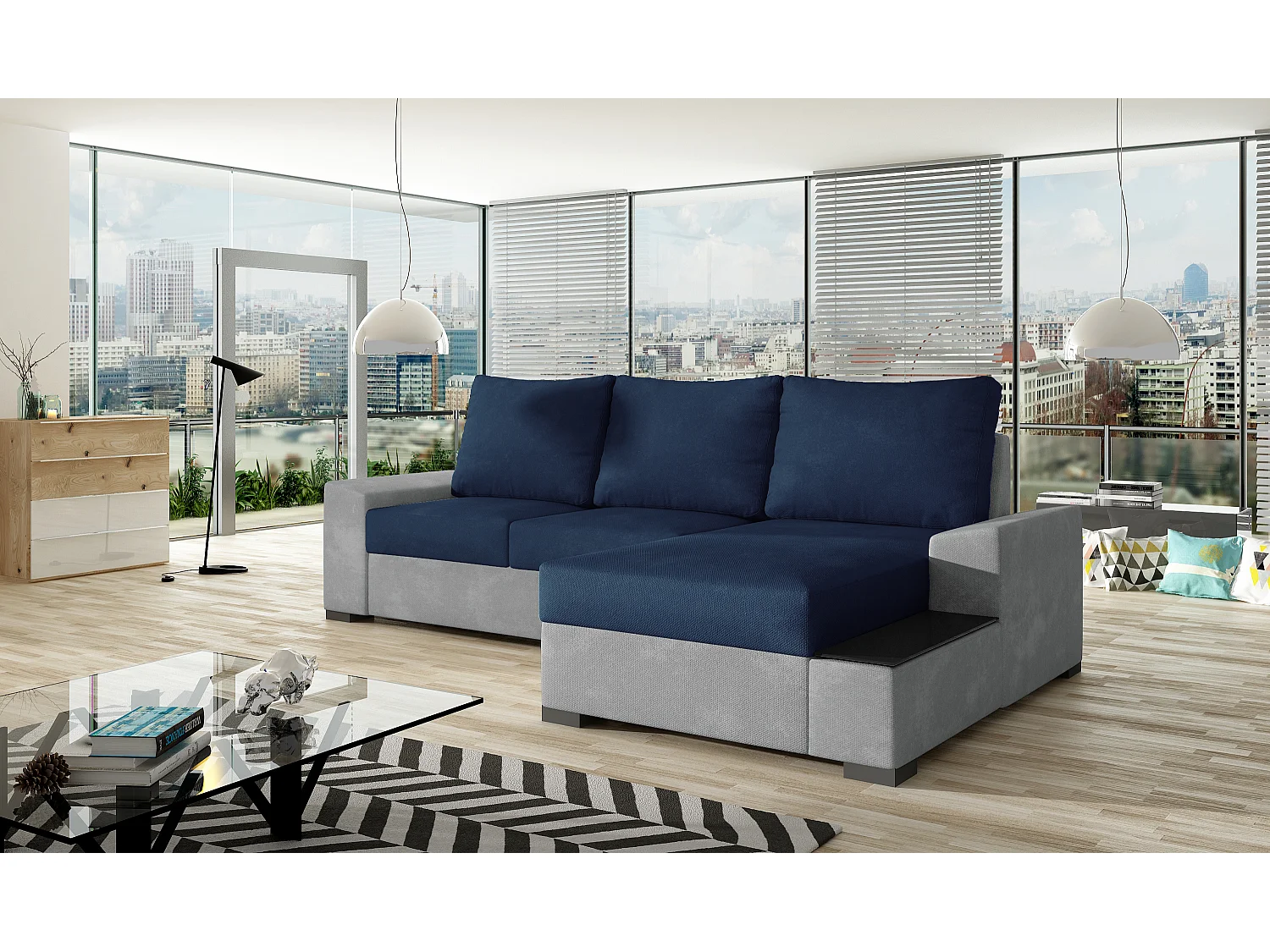 Canapé angle droit convertible tissu doux gris clair et bleu foncé James 245cm